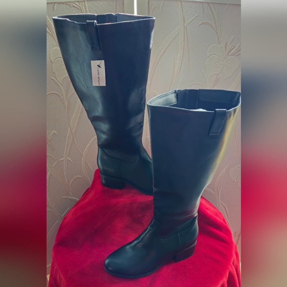 NWT - Lane Bryant Black Wide Calf Heeled Boots, Faux Leather - Size 11W